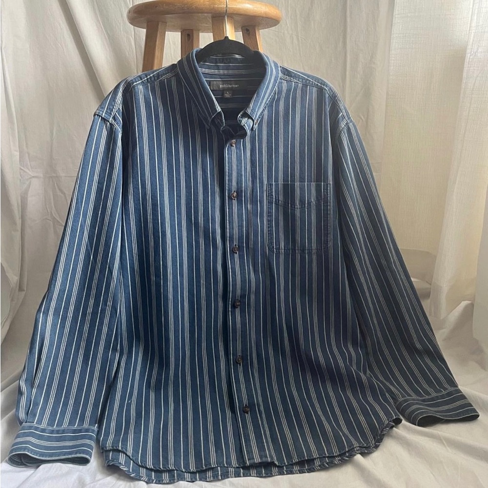 Dark Denim Striped Button Down Shirt